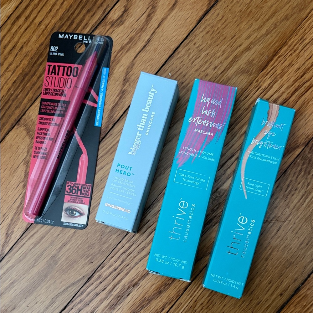 Thrive Causemetics mascara, eye brightener, gloss, plus bonus liner $90 retail